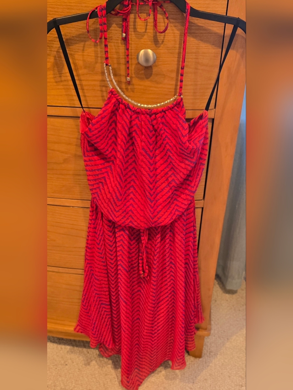 City Studio XS Red / Plum Chevron-Print Spaghetti Strap Dress, like new, XS